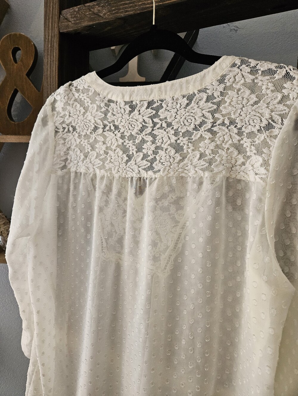 new directions Cream Lace Yoke Swiss Dot Peasant Blouse Size Large - Picture 4 of 4